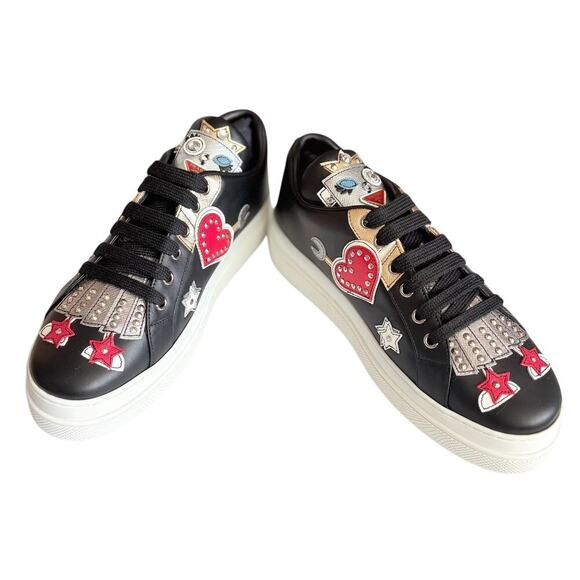 Prada Robot Appliqué Sneakers Rare Avant Garde Black Leather Sz 39 - Picture 5 of 5